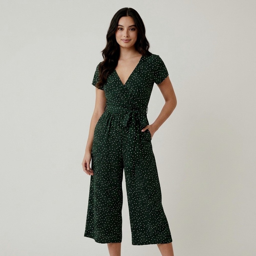 Latched Mama Polka Dot Nursing Jumpsuit Green White Size XXS Wide Leg Wrap Front